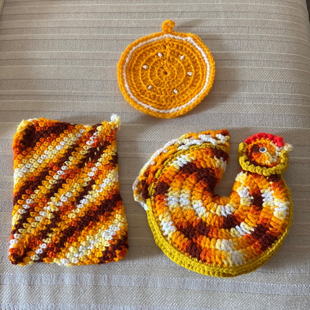 Set Of 3 Bright Vintage Hand Knitted Hot Pads!